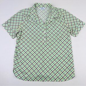 VINTAGE 70S Sears 1/4 Button Polo Shirt Sz medium Green Check Plaid Polyester